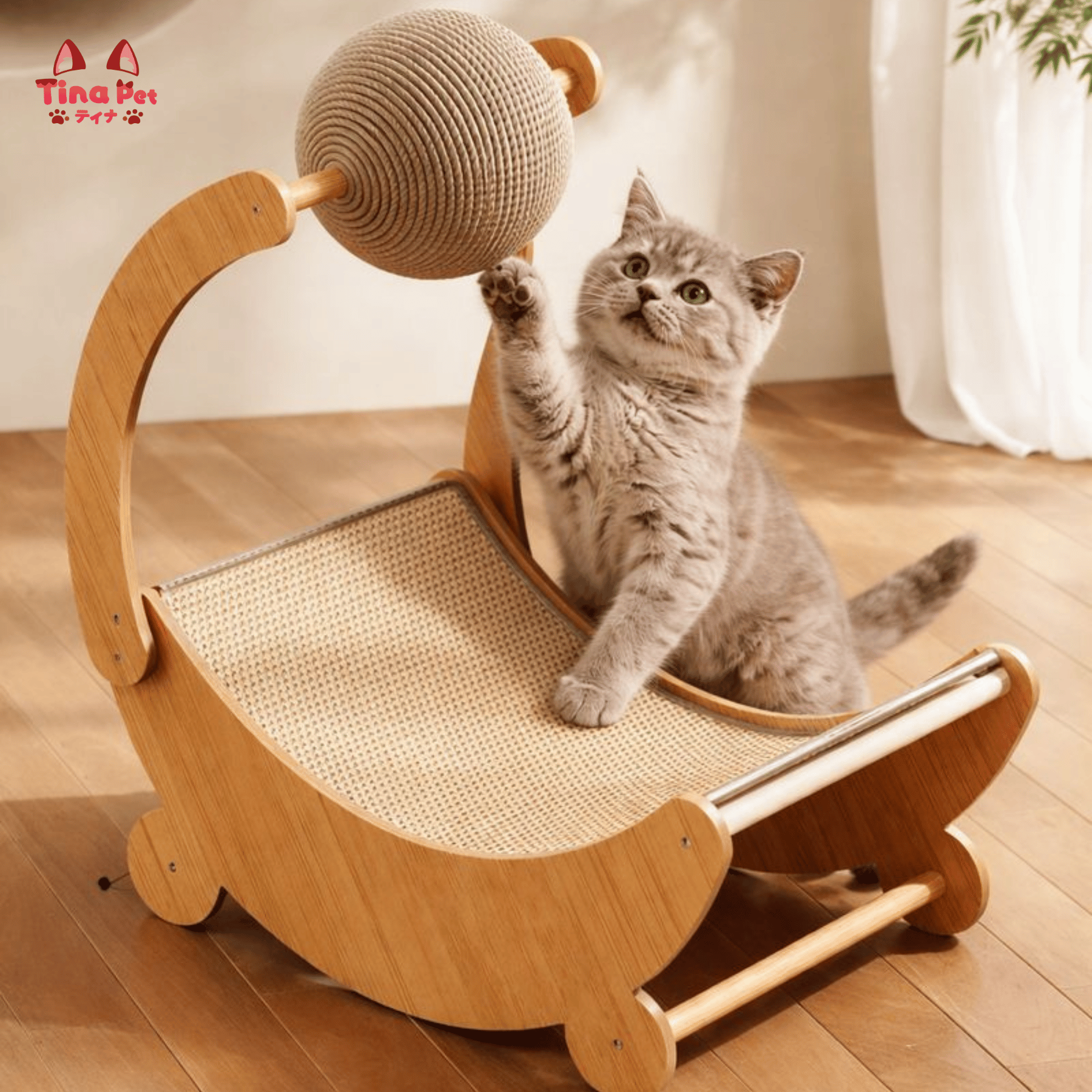Bàn Cào Móng Cho Mèo Hình Thuyền Mặt Trăng Có Bóng TINA PET – Giường Nằm & Đồ Chơi 3in1